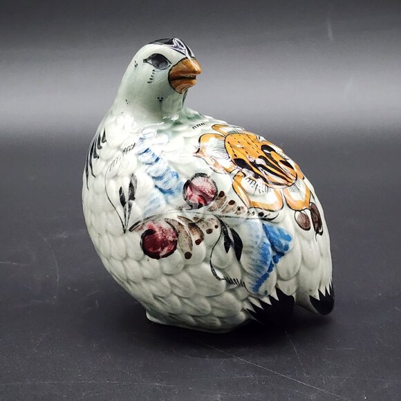 Signed Mexican Ceramic Glazed Bird Figure Floral Sitting Facing Back VTG 5" - Picture 1 of 9